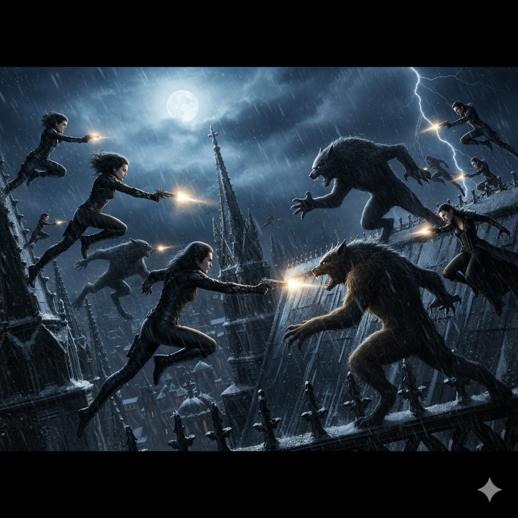 Vampires and werewolves fighting across gothic cathedral rooftops, death dealers firing silver bullets, dynamic aerial combat